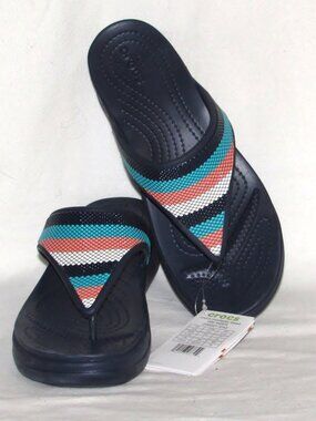 NEW Ladies CROC Blue Beaded Thong Flops Wedge Sandals Shoes 10 M Orig $105